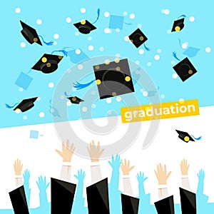 Celebrating a graduation banner with student hands which is throwing up square academic caps