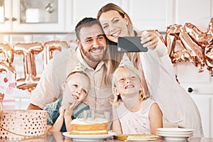 Celebrating happy birthday, party and a selfie as a family together at home. Loving parents and cheerful little kids