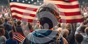 Celebrating Independence Back View of Boy with USA Flag in Festive Crowd. Generative AI