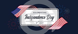 Celebrating Independence day of United States of america text on white banner with usa flag ribbon waving around and fire work on