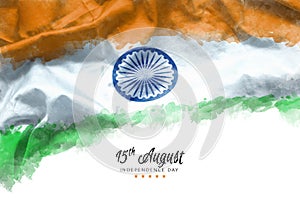 Celebrating India Independence Day greeting card with Indian waving flag grunge by water color paint background.