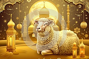 Celebrating Kurban Bayram With a Festive Sheep Illustration Surrounded by Lanterns and Mosques