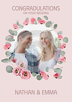 Celebrating love, a couple framed by a floral wreath radiates joy and companionship