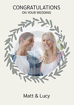 Celebrating love and union, a joyous couple framed by a delicate wreath symbolizes new beginnings