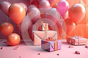 Celebrating Mom: Birthday Balloons and Gift Box in Light Orange and Magenta. Generative Ai