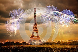 celebrating the New Year in Paris Eiffel tower with fireworks