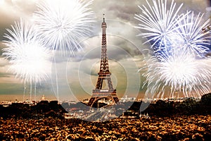 celebrating the New Year in Paris Eiffel tower with fireworks