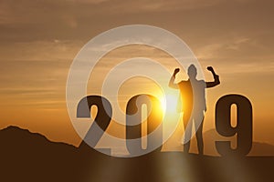 Celebrating new year 2019 Silhouette freedom young hope business woman standing and enjoying on the the top of the mountain, hill