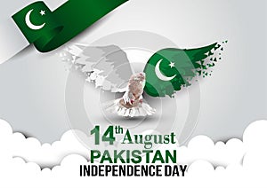 Celebrating Pakistan happy Independence Day. Abstract wings flag and pigeon on green background. vector illustration design