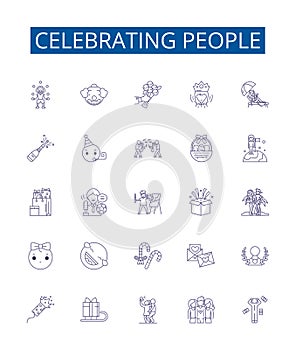 Celebrating people line icons signs set. Design collection of Honoring, Saluting, Appreciating, Praising, Recognizing