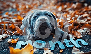 Celebrating Pet Month, an adorable blue puppy lies amongst autumn leaves, evoking the warmth of animal companionship during