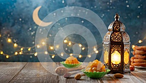 Celebrating Ramadan background with Arabic lantern, moon, lighting and festive table, Eid al Fitr Adha, copy space template?
