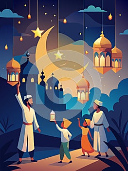 Celebrating Ramadan: Muslim Family Enjoying Iftar Under Moonlit Sky photo