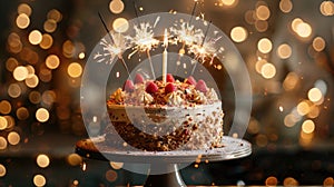 Celebrating with Sparkling Sweets: Birthday Cake Stand with Bokeh Lights and Sparklers