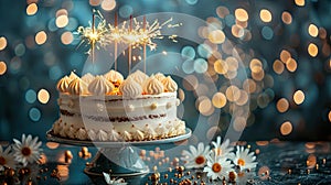 Celebrating with Sparkling Sweets: Birthday Cake Stand with Bokeh Lights and Sparklers