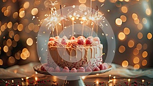 Celebrating with Sparkling Sweets: Birthday Cake Stand with Bokeh Lights and Sparklers