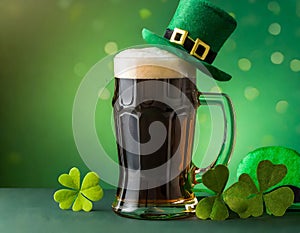 Celebrating St. Patrickâ€™s Day with a mug of beer, green hat, and shamrocks