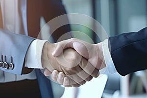 Celebrating Success: Two Business Professionals Shaking Hands in the Office