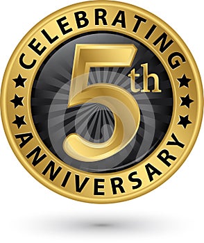 Celebrating 5th anniversary gold label, vector photo