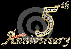 Celebrating 5th anniversary golden sign with diamonds, vector i photo