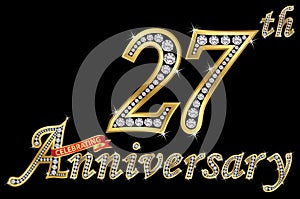 Celebrating 27th anniversary golden sign with diamonds, vector photo