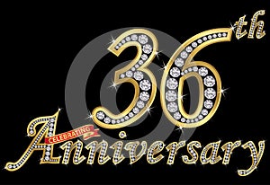 Celebrating 36th anniversary golden sign with diamonds, vector