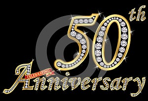 Celebrating 50th anniversary golden sign with diamonds, vector