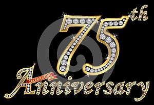 Celebrating 75th anniversary golden sign with diamonds, vector