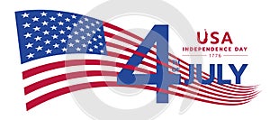 Celebrating 4th of july, USA independence day - waving american national flag with red flag bar cross around number 4 text vector