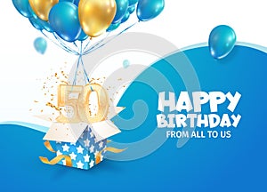 Celebrating 50th years birthday vector illustration. Fifty anniversary celebration. Adult birth day. Open gift box with