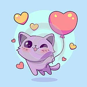 celebrating valentine's day, illustration of a cute chibi cat in love, cartoon in kawaii style, heart illustration