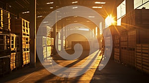 Celebrating World Central Excise Day with a majestic view of a customs warehouse at sunrise, golden sunlight casting long shadows