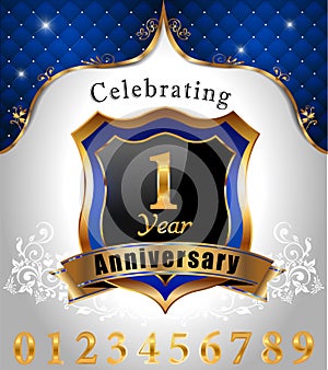 Celebrating 1 years anniversary, Golden sheild with blue royal emblem background photo