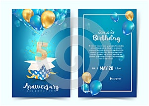 Celebration of 5 th years birthday vector invitation cards. Fifth years anniversary celebration. Print templates of