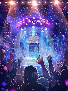 Celebration of achievement at a grand Olympiad award ceremony with applause and bright lights in a vibrant setting photo