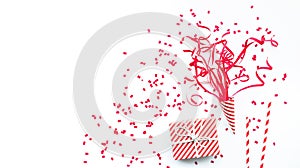 Celebration anniversary and party concepts ideas with red gift box present and confetti element on white color background