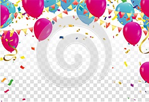 Celebration background with balloons and confetti. Vector illustration