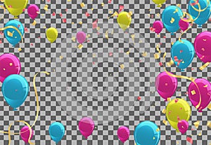 Celebration background with balloons and confetti. Vector illustration