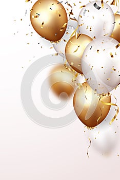 Celebration background with gold confetti and balloons