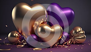 Celebration background, gold and purple colored balloons. Gifts and confetti, glittering heart shape balloons.