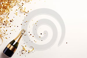 Celebration background with golden champagne bottle, confetti stars and party streamers.