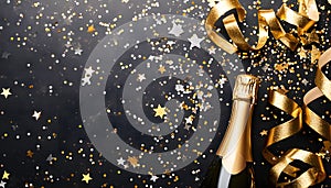 Celebration background with golden champagne bottle, confetti stars and party streamers