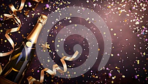 Celebration background with golden champagne bottle, confetti stars and party streamers