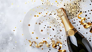 Celebration background with golden champagne bottle, confetti stars and party streamers. Christmas, birthday or wedding