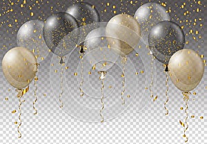 Celebration background template with balloons, confetti and ribbons on transparent background. Vector illustration.