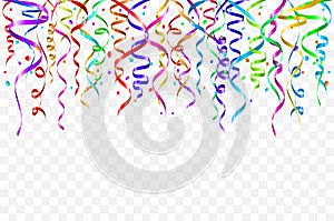 Celebration background template with confetti and colorful ribbons. Vector illustration