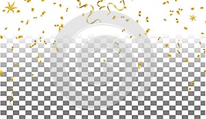 Celebration background template with confetti and gold ribbons
