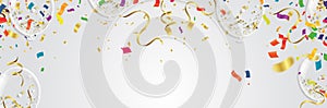 Celebration background template with confetti and streamers on white background. Vector illustration