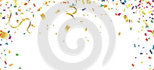Celebration background template with confetti and streamers on white background. Vector illustration