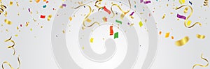 Celebration background template with confetti and streamers on white background. Vector illustration